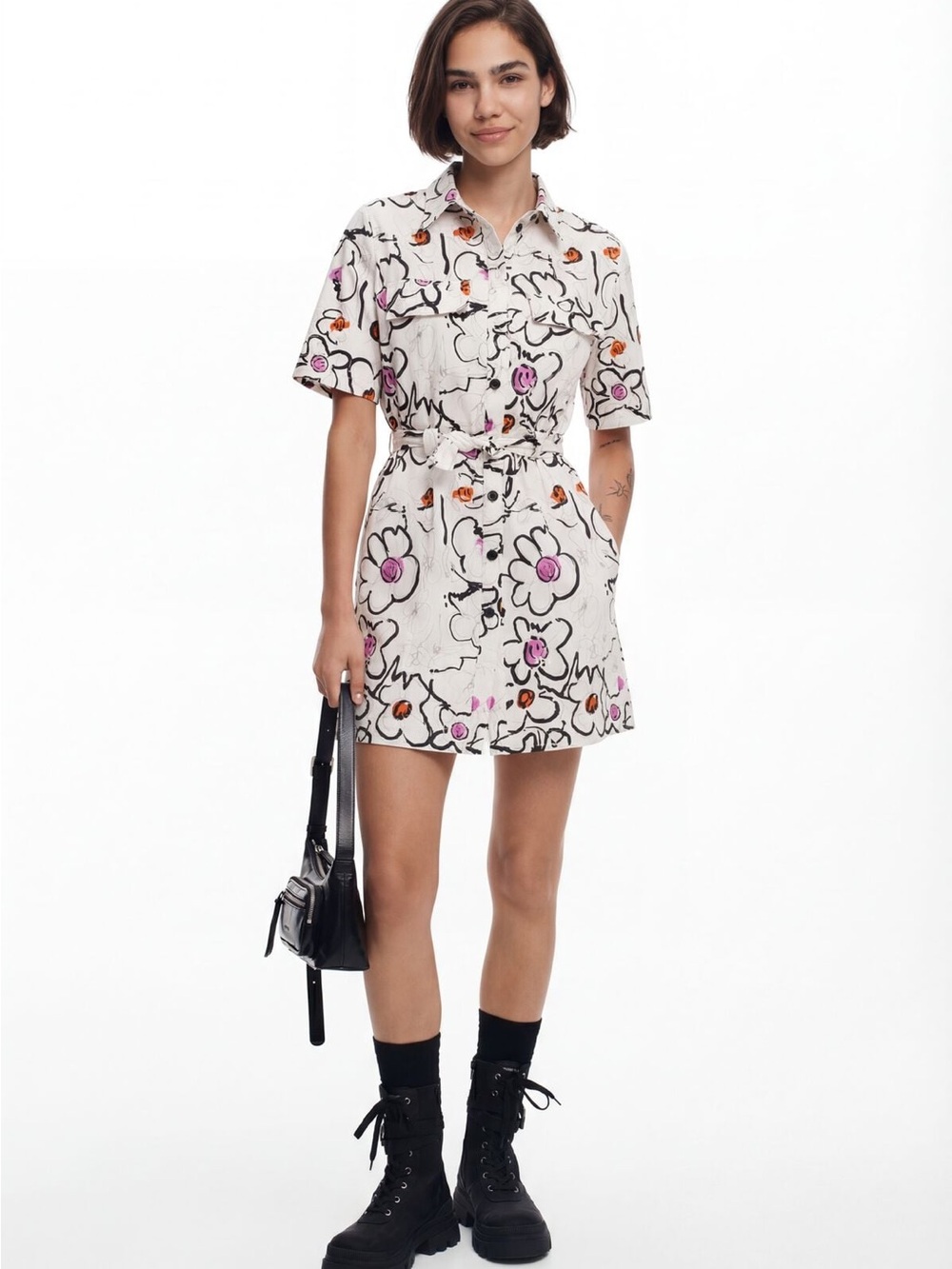 Desigual White Mini Shirt Dress with Floral Print